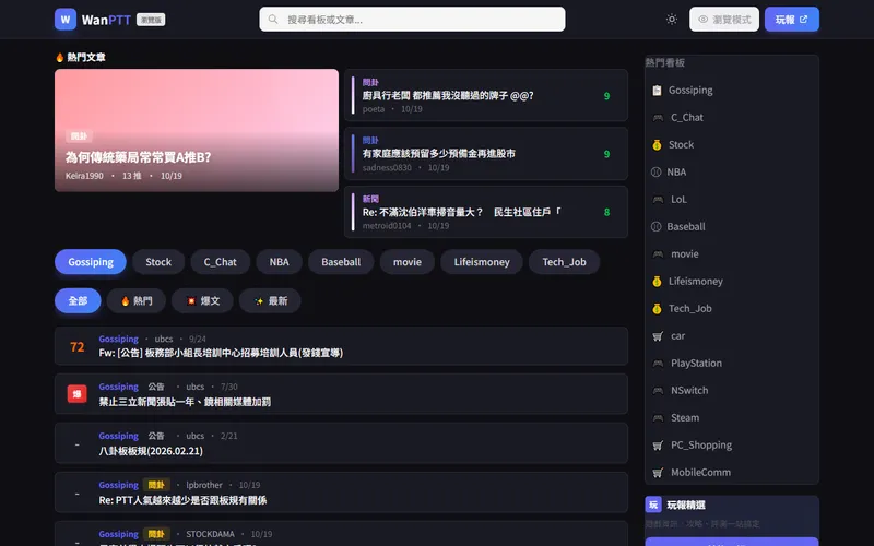 WanPTT 網站首頁截圖